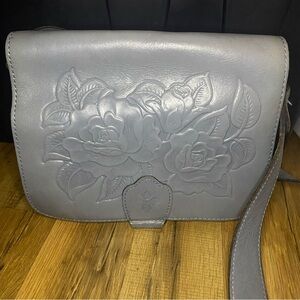 Patricia Nash Ilina Rose Tooling Floral Safflower Crossbody Bag Cornflower Blue